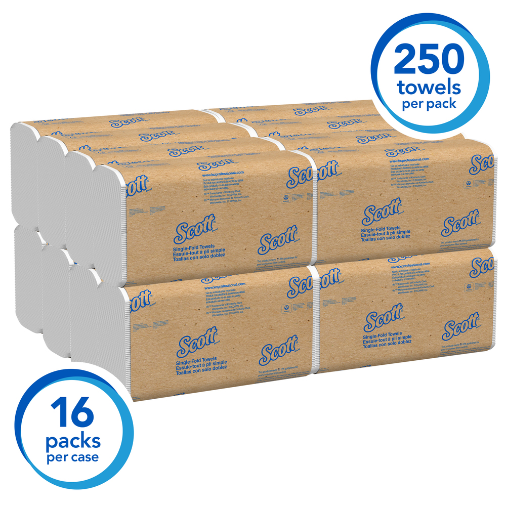 Scott® Essential Single Fold Paper Towels (01700), Affordable Towel Paper, White, 250 Towels / Clip, 16 Clips / Case - 01700