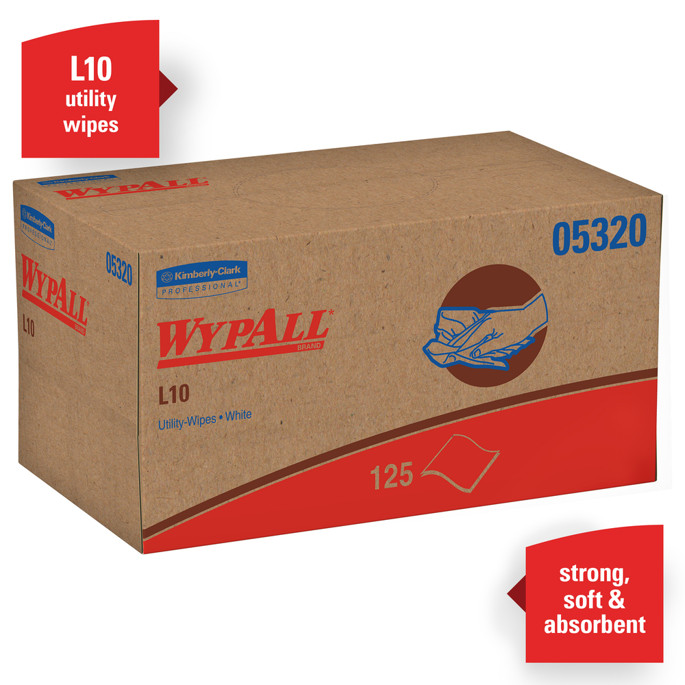 WypAll® L10 Disposable Towels (05320), Limited Use, 1-PLY, Pop-Up Box, White, 18 Boxes / Case, 125 Wipes / Box - 05320