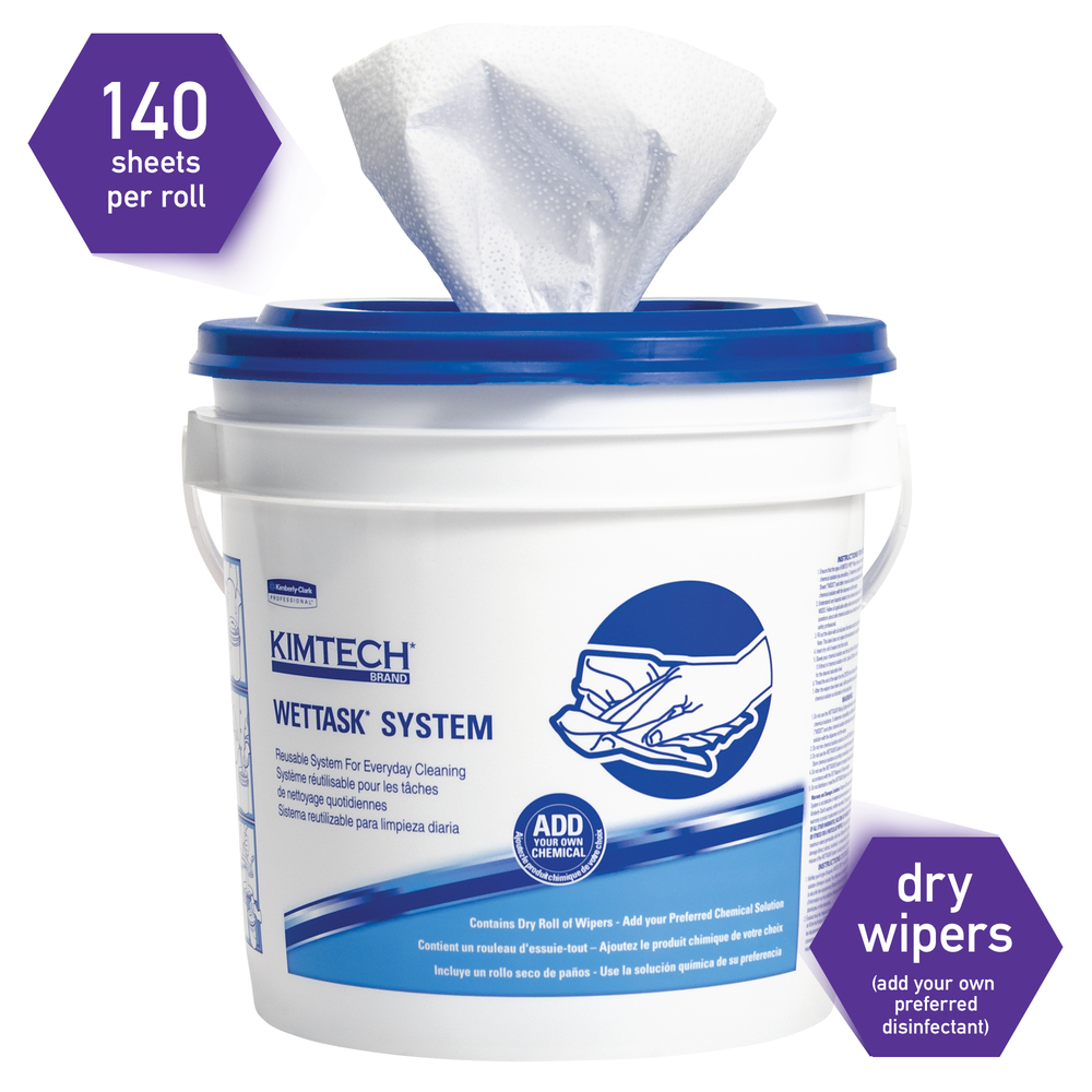 Kimtech™ WetTask System Prep Wipers for Bleach, Disinfectants and Sanitizers (06411), Hygienic Enclosed System, 6 Rolls/Case, 140 Sheets/Roll, Bucket Included - 06411