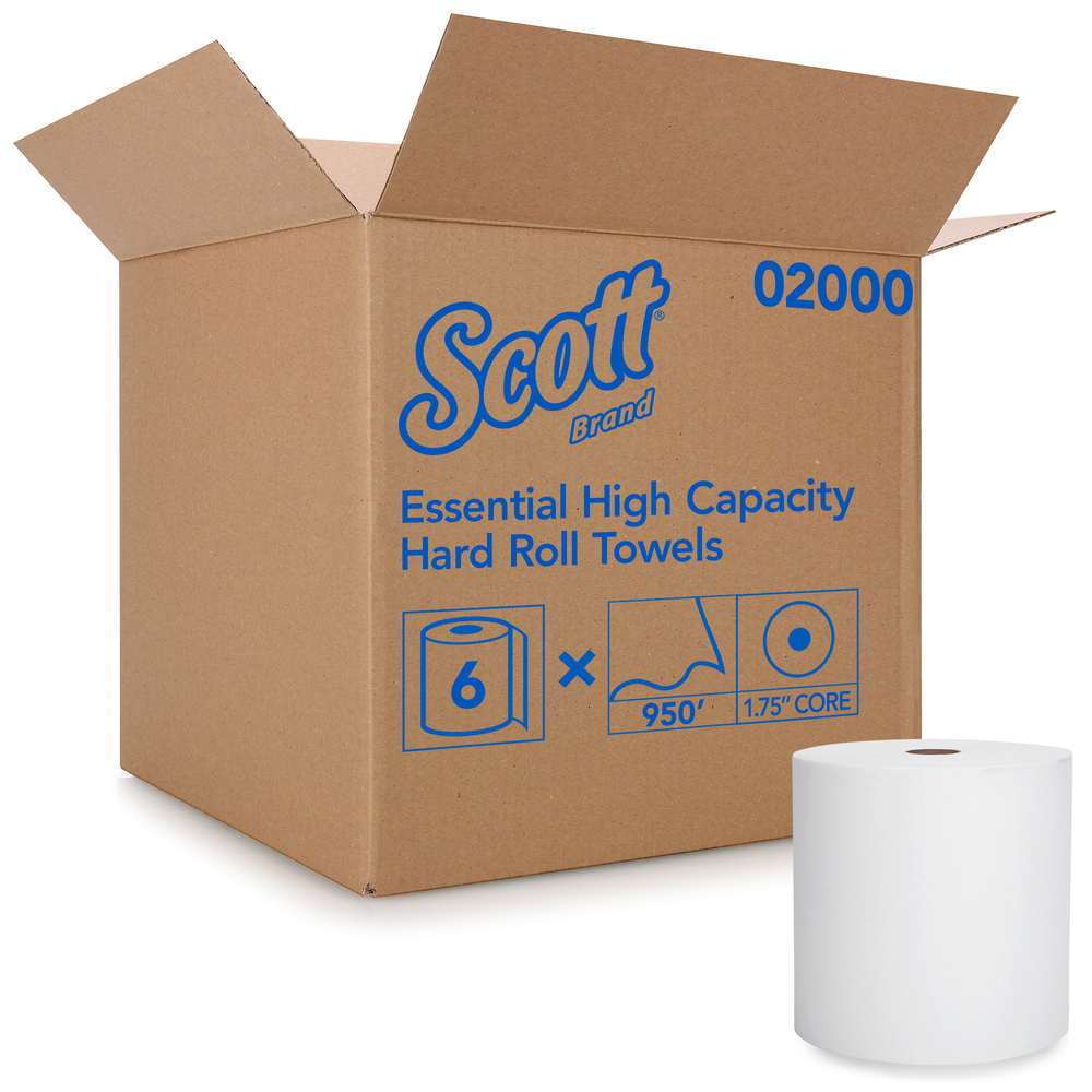 Scott® Essential High Capacity Hard Roll Paper Towels (02000), 1.75” Core, White, 9500' / Roll, 6 Rolls / Convenience Case, 5,700’ / Case - 02000