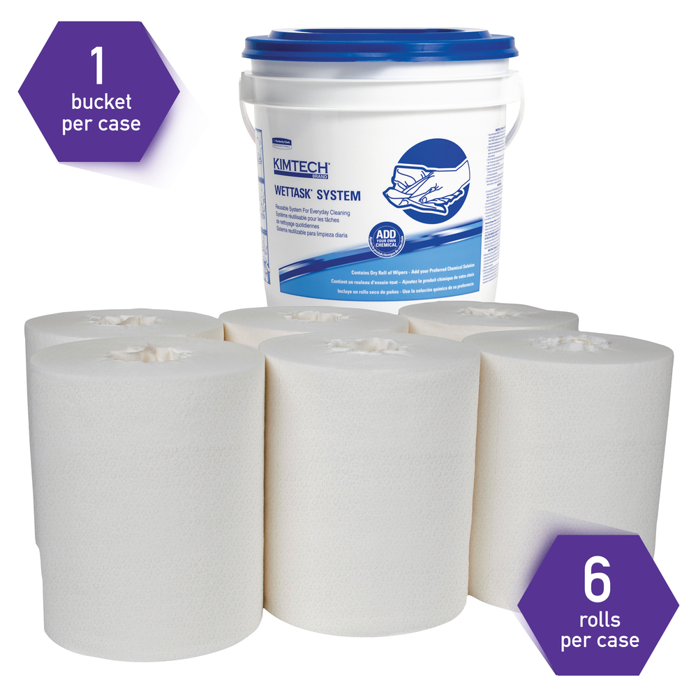 Kimtech™ WetTask System Prep Wipers for Bleach, Disinfectants and Sanitizers (06411), Hygienic Enclosed System, 6 Rolls/Case, 140 Sheets/Roll, Bucket Included - 06411