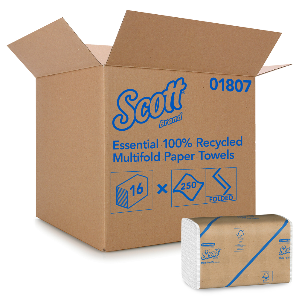 Scott® Essential 100% Recycled Fiber Multifold Paper Towels (01807), 9.2” x 9.4”, White, 16 Clips / Case, 250 Sheets / Clip, 4,000 Towels / Case - 01807