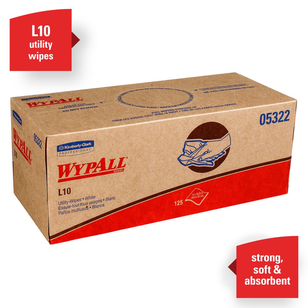 WypAll® L10 Disposable Towels (05322), Limited Use, 1-PLY, Pop-Up Box, White, 18 Boxes / Case, 125 Large Wipes / Box - 05322