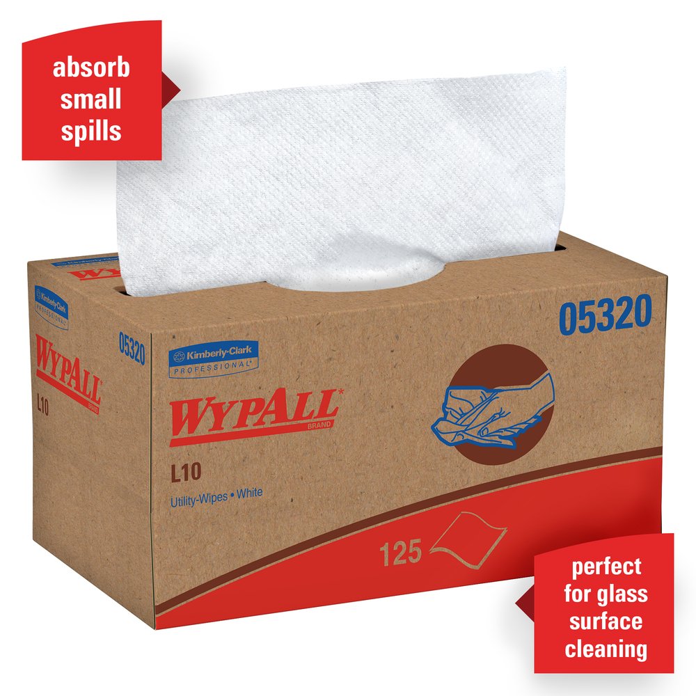 WypAll® L10 Disposable Towels (05320), Limited Use, 1-PLY, Pop-Up Box, White, 18 Boxes / Case, 125 Wipes / Box - 05320
