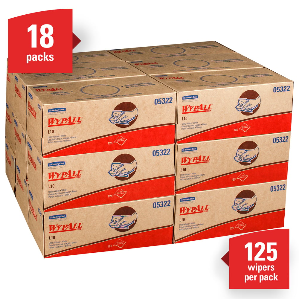 WypAll® L10 Disposable Towels (05322), Limited Use, 1-PLY, Pop-Up Box, White, 18 Boxes / Case, 125 Large Wipes / Box - 05322