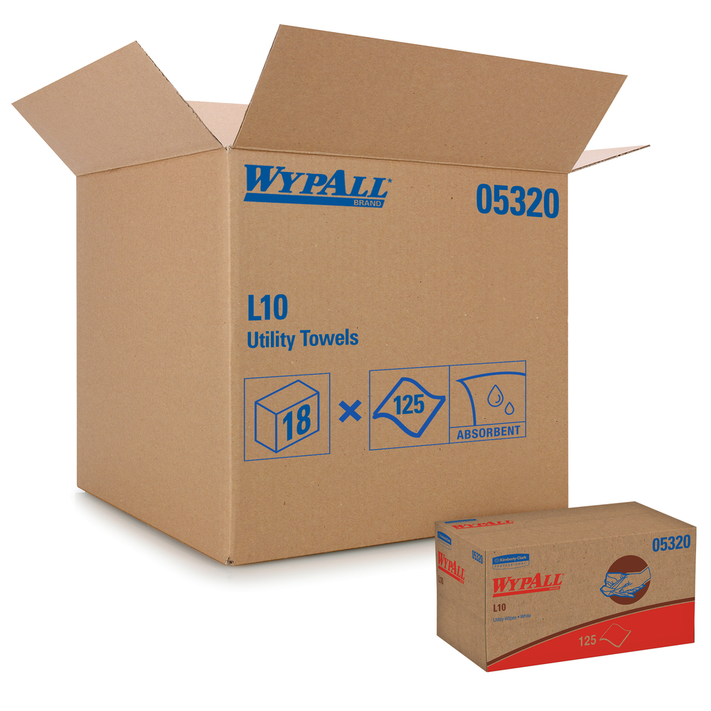 WypAll® L10 Disposable Towels (05320), Limited Use, 1-PLY, Pop-Up Box, White, 18 Boxes / Case, 125 Wipes / Box