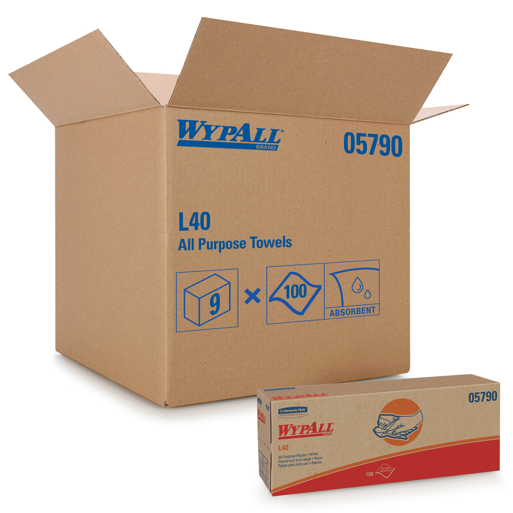 WypAll® L40 Disposable Cleaning and Drying Towels (05790), Limited Use Towels, White, 9 Pop Up Boxes per Case, 100 Sheets per Box, 900 Sheets Total - 05790