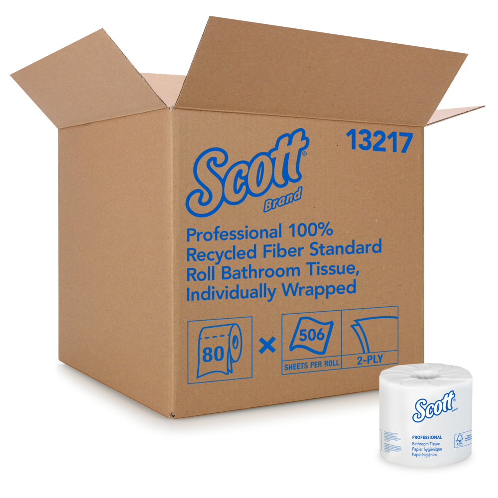 Scott® Essential Professional 100% Recycled Fiber Standard Roll Bathroom Tissue (13217), 2-Ply, White, 80 Rolls / Case, 506 Sheets / Roll, 40,480 Sheets / Case - 13217