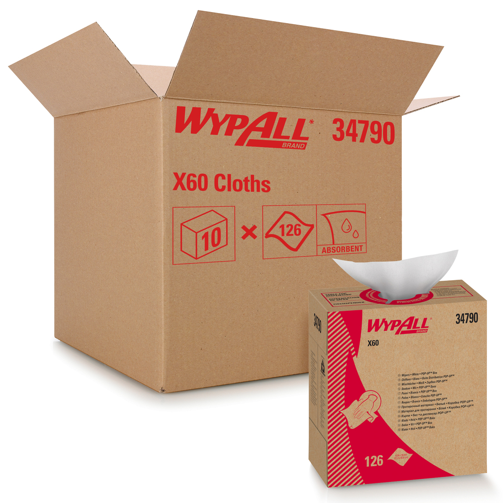 WypAll® X60 Reusable Cloths (34790), Pop-Up Box, White, 10 Boxes / Case, 126 Sheets / Box, 1,260 Sheets / Case