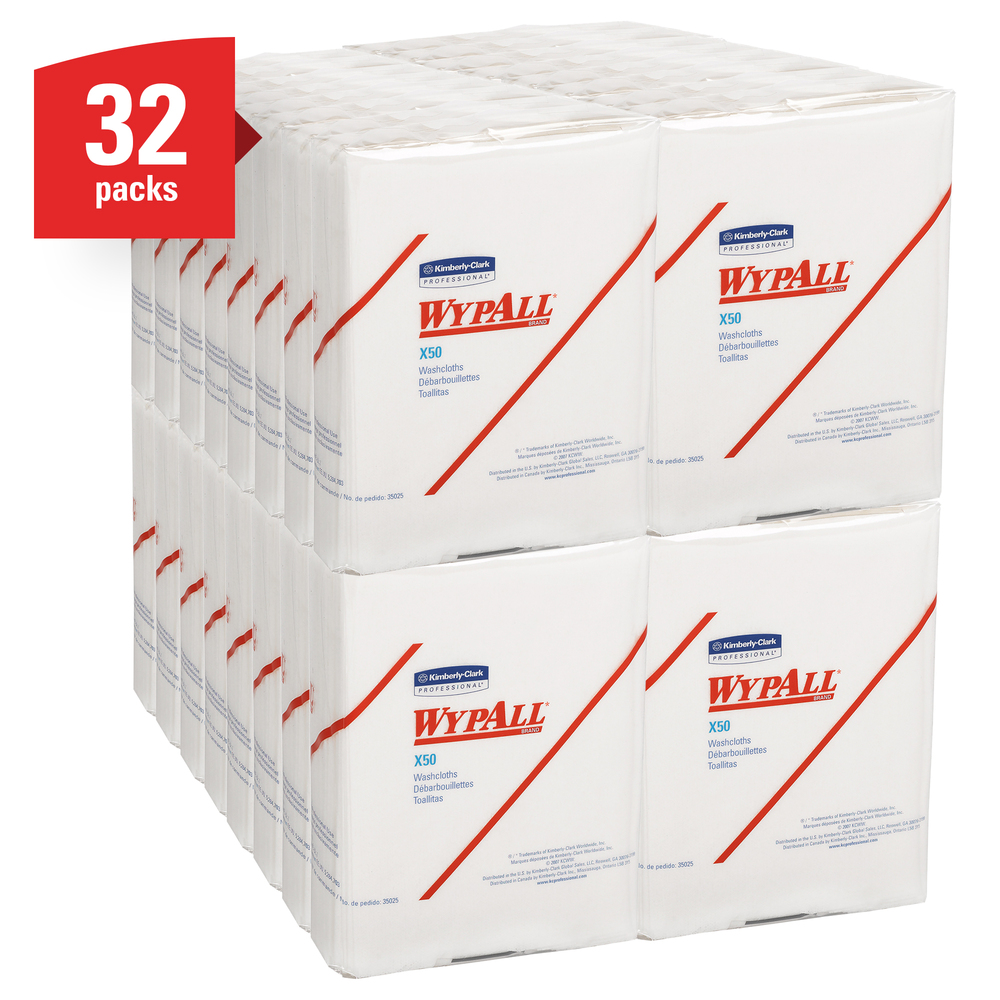 WypAll® X50 Disposable Cloths (35025), Strong for Extended Use, Quarterfold, White, 32 Packs / Case, 26 Sheets / Pack, 832 Sheets / Case - 35025