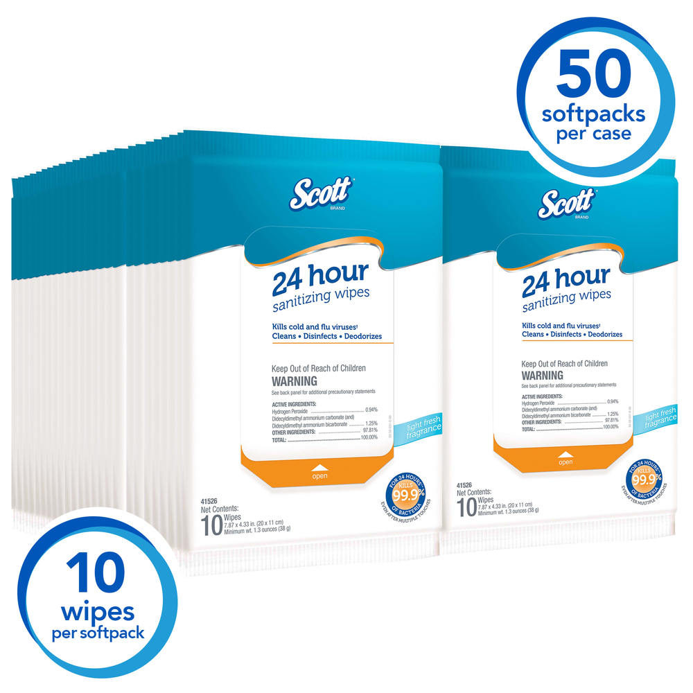 Scott 24 Hour Sanitizing Wipes – Multi-Surface Cleaning & Disinfecting, Continuous Sanitization For 24 Hours – (54478), 50 Packs x 10, 500 Wipes - 41526
