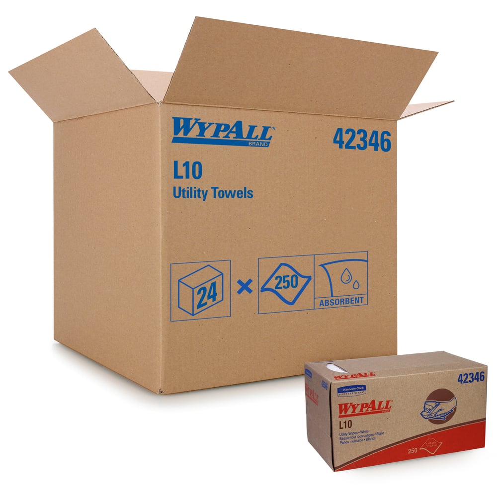 WypAll® L10 Disposable Towels (42346), Limited Use / Lightweight, 1-PLY, Pop-Up Box, White, 24 Boxes / Case, 250 Wipes / Box