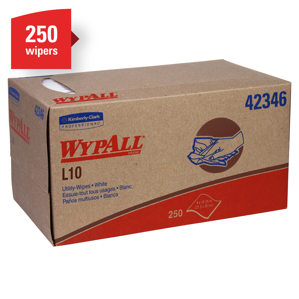 WypAll® L10 Disposable Towels (42346), Limited Use / Lightweight, 1-PLY, Pop-Up Box, White, 24 Boxes / Case, 250 Wipes / Box - 42346