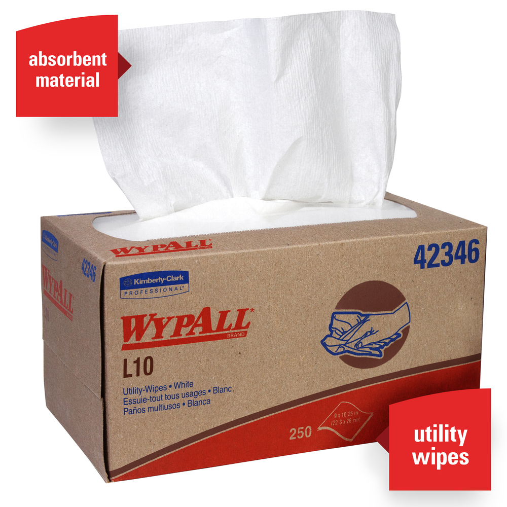 WypAll® L10 Disposable Towels (42346), Limited Use / Lightweight, 1-PLY, Pop-Up Box, White, 24 Boxes / Case, 250 Wipes / Box - 42346