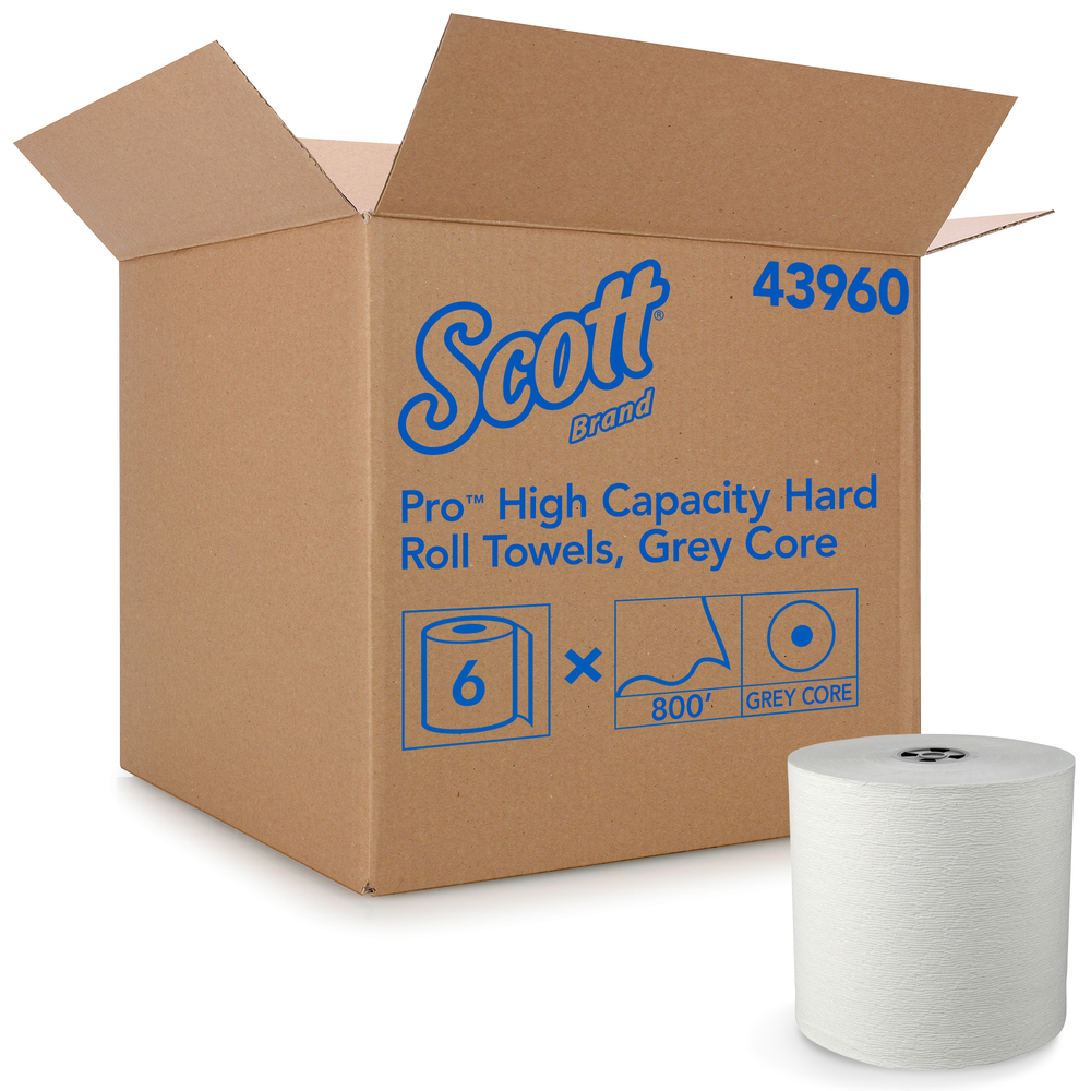 Scott Pro Hard Roll Paper Towels (43960), with Absorbency Pockets, for Scott Pro Dispenser (Grey Core only), 900’ / Roll, 6 White Rolls / Case, 5,400 feet - now 12.5% longer, formerly 800' - 43960