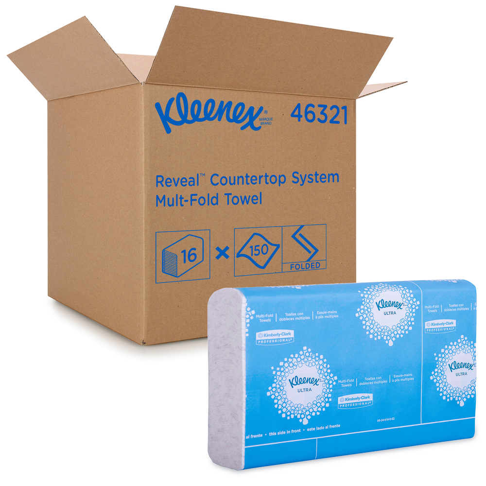 Kleenex® Reveal Multi-Fold Hand Towels (46321), 8” x 9.4”, For Kleenex® Reveal Countertop System Dispenser, White, 2,400 Towels / Case, 16 Packs of 150 Paper Towels
