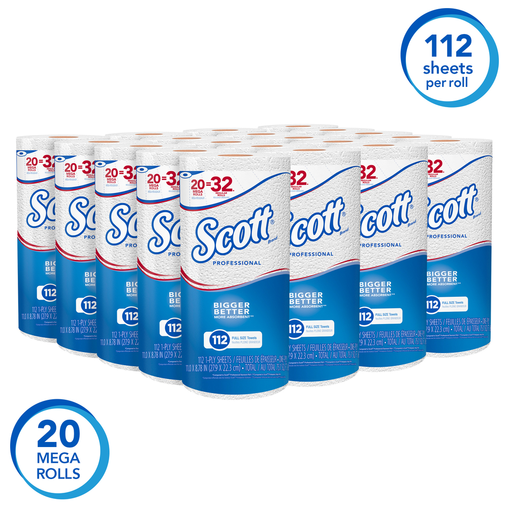 Scott® Professional Kitchen Paper Towels (53930) with Fast-Drying Absorbency Pockets, Perforated MEGA Paper Towel Rolls, 112 Sheets / Roll, 20 Rolls / Case - 53930