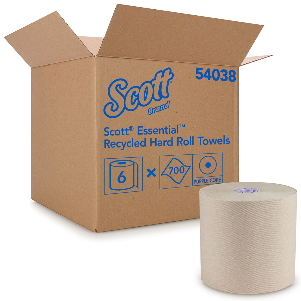 Scott® Essential 100% Recycled Brown Roll Towel (54038), with Absorbency Pockets™, Purple Core, 700' / Roll, 6 Rolls/Case, 4,200 Sheets/Case - 54038