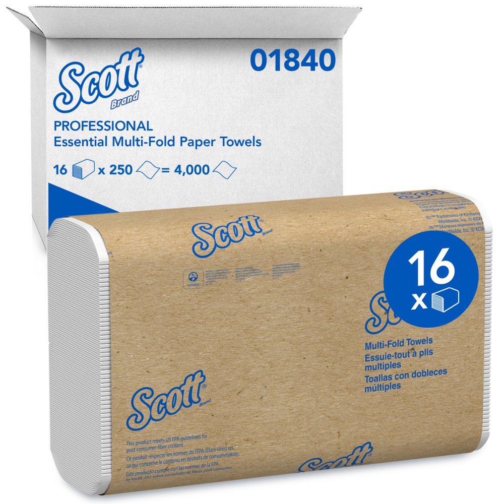 Scott® Essential Multifold Paper Towels (01840) with Fast-Drying Absorbency Pockets, White, 16 Packs / Case, 250 Sheets / Pack, 4,000 Towels / Case - 01840