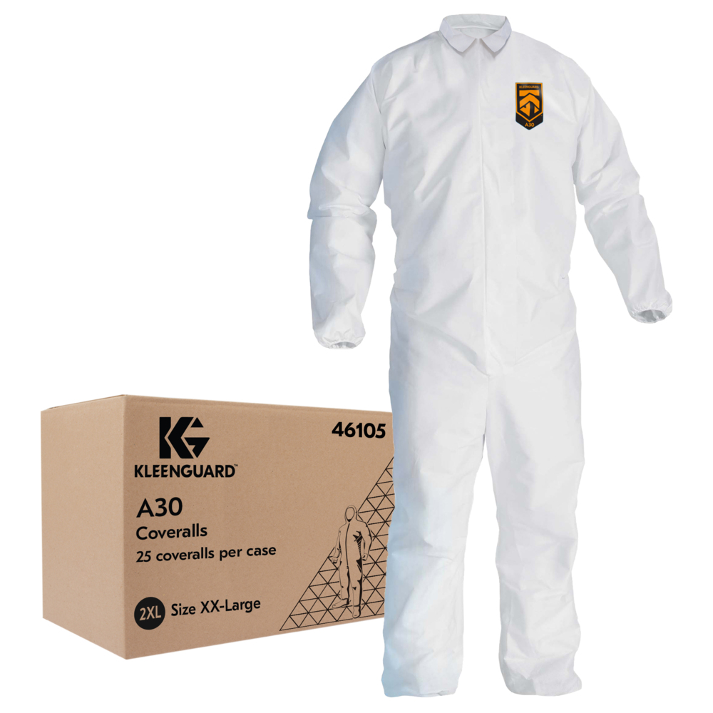KleenGuard™ A30 Breathable Splash and Particle Protection Coveralls (46105), REFLEX Design, Zip Front, Elastic Wrists & Ankles, White, 2XL, 25 / Case - 46105