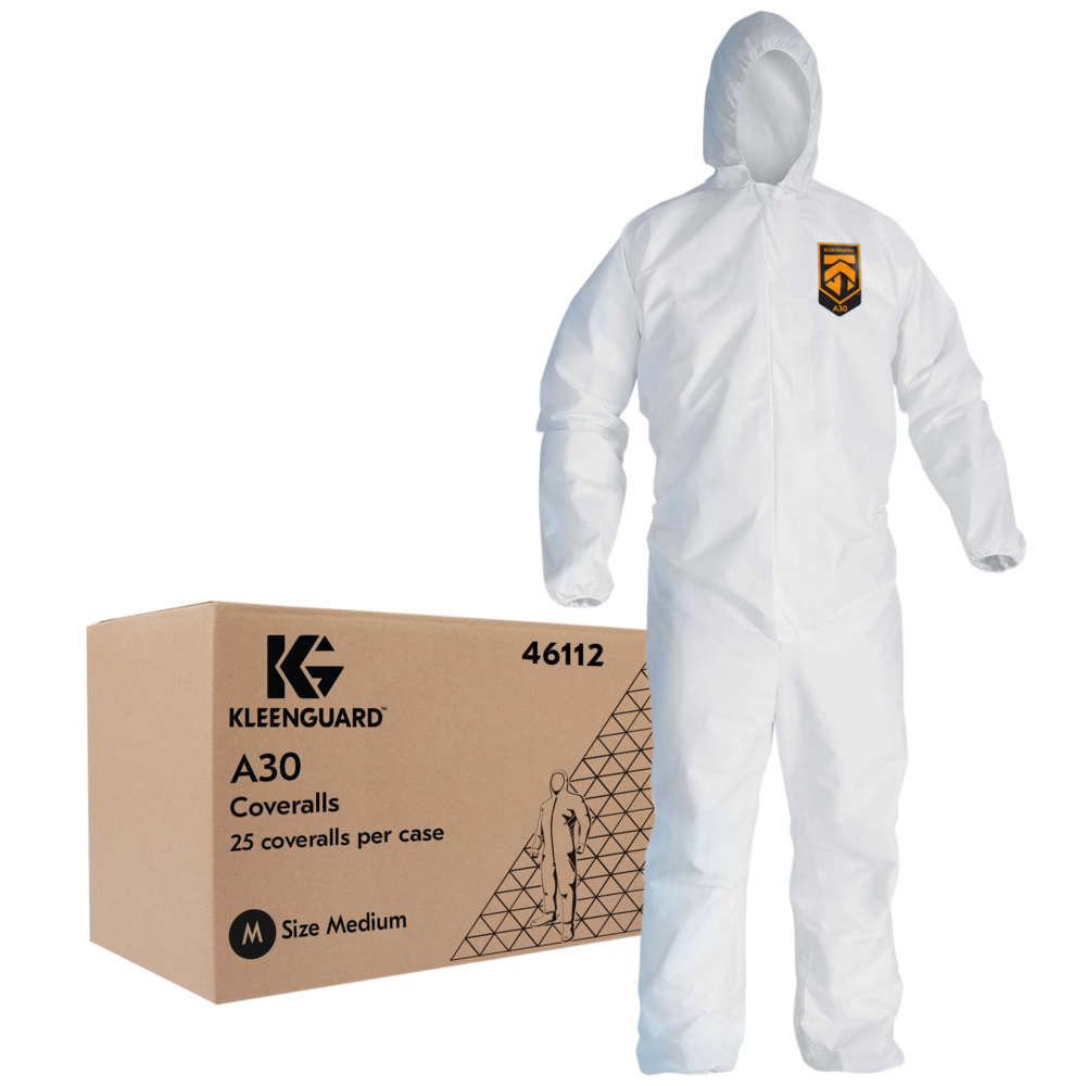 KleenGuard™ A30 Breathable Splash and Particle Protection Coveralls (46112), REFLEX Design, Hood, Zip Front, Elastic Wrists & Ankles (EWA), White, Medium, 25 / Case - 46112