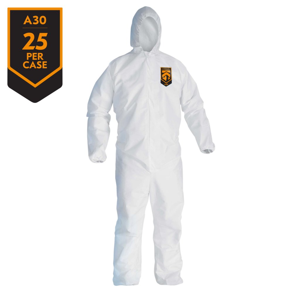 KleenGuard™ A30 Breathable Splash and Particle Protection Coveralls (46113), REFLEX Design, Hood, Zip Front, Elastic Wrists & Ankles (EWA), White, Large, 25 / Case - 46113
