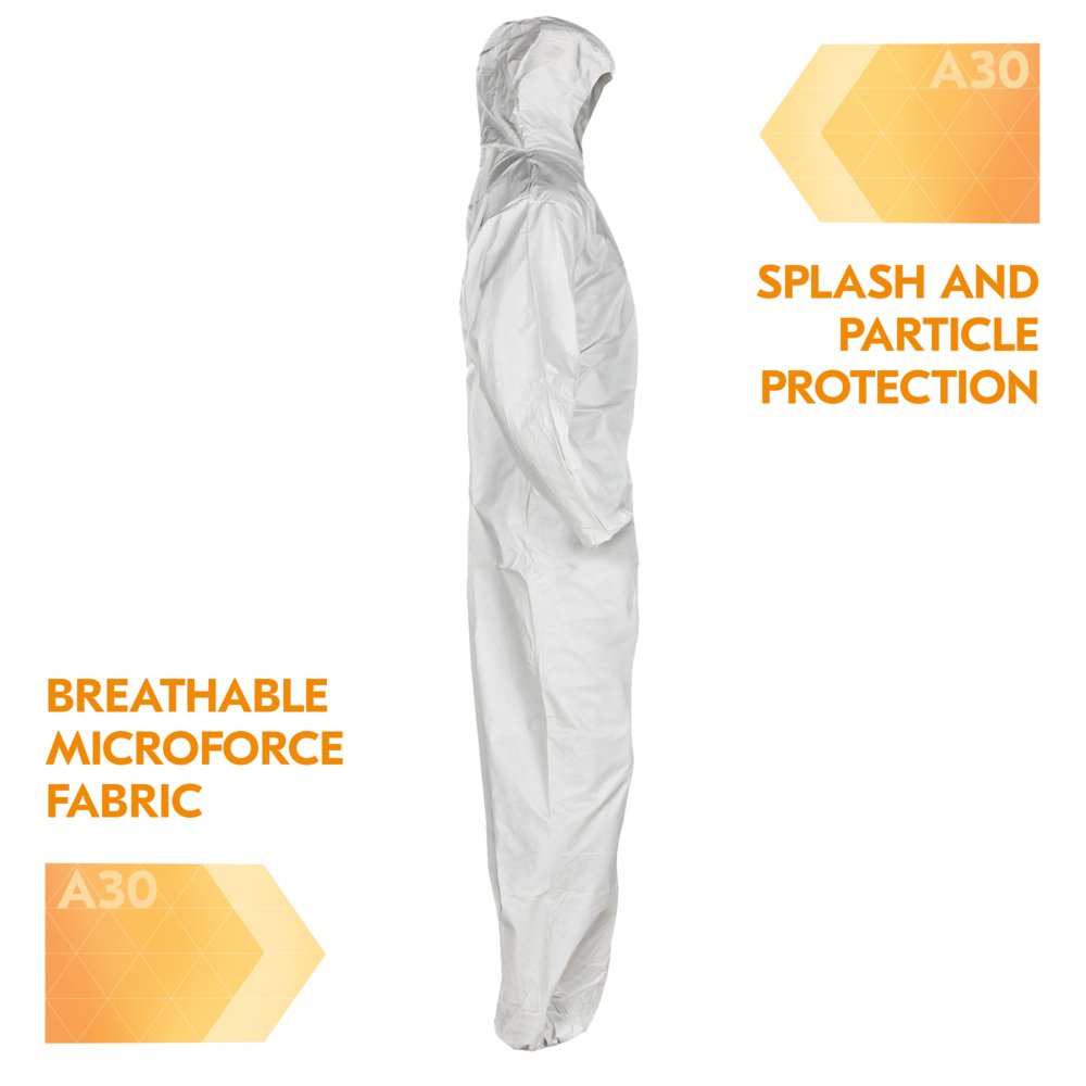 KleenGuard™ A30 Breathable Splash and Particle Protection Coveralls (46113), REFLEX Design, Hood, Zip Front, Elastic Wrists & Ankles (EWA), White, Large, 25 / Case - 46113