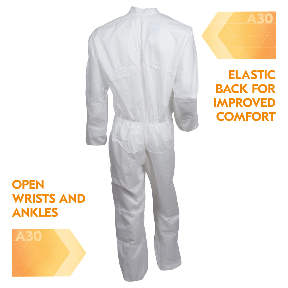 KleenGuard™ A30 Breathable Splash and Particle Protection Coveralls (46007), REFLEX Design, Zip Front, Open Wrists & Ankles, White, 4XL, 21 / Case - 46007