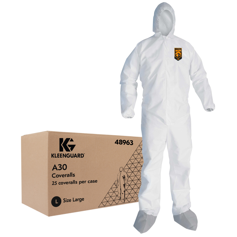 KleenGuard™ A30 Breathable Splash and Particle Protection Coveralls (48963), REFLEX Design, Hood, New Skid-Resistant Boots, Zip Front, Boots, Elastic Wrists, White, Large, 25 / Case - 48963