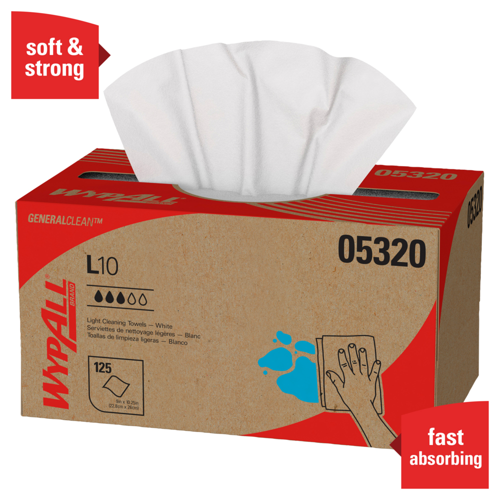 WypAll® General Clean L10 Light Cleaning Towels (05320), Limited Use, 1-PLY, Pop-Up Box, White, 18 Boxes / Case, 125 Wipes / Box - 05320