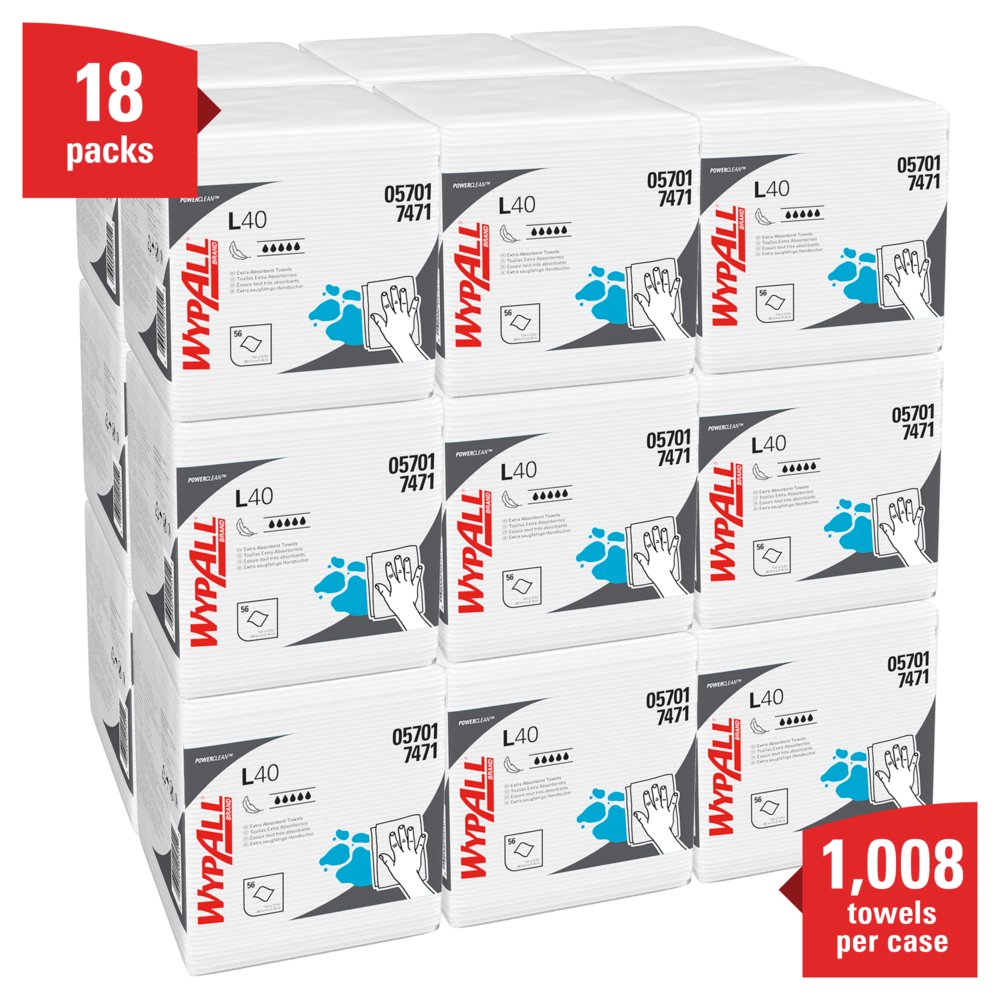 WypAll® Power Clean L40 Extra Absorbent Towels (05701), Limited Use Towels, White,18 Packs per Case, 56 Sheets per Pack, 1,008 Sheets Total - 05701