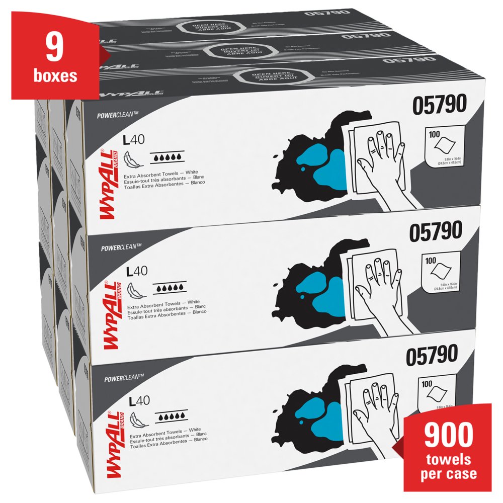 WypAll® Power Clean L40 Extra Absorbent Towels (05790), Limited Use Towels, White, 9 Pop Up Boxes per Case, 100 Sheets per Box, 900 Sheets Total - 05790