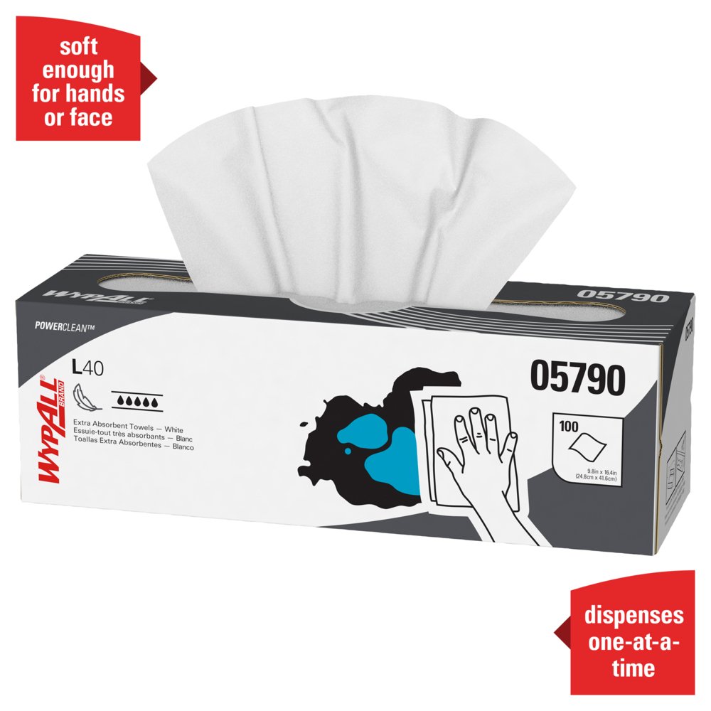 WypAll® Power Clean L40 Extra Absorbent Towels (05790), Limited Use Towels, White, 9 Pop Up Boxes per Case, 100 Sheets per Box, 900 Sheets Total - 05790