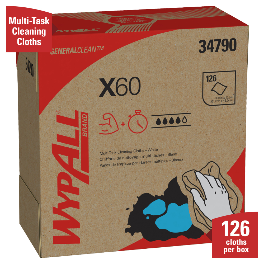 WypAll® General Clean X60 Multi-Task Cleaning Cloths (34790), Pop-Up Box, White, 10 Boxes / Case, 126 Sheets / Box, 1,260 Sheets / Case - 34790