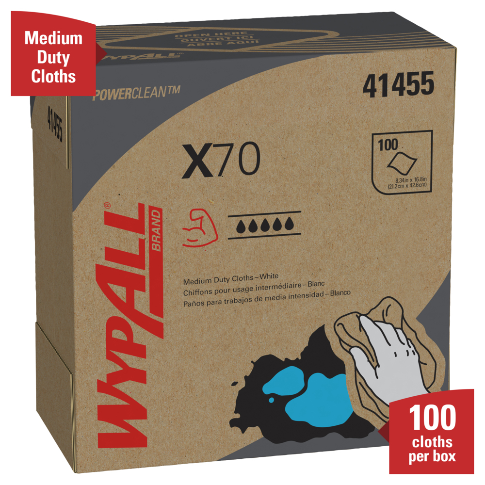 WypAll® Power Clean X70 Medium Duty Cloths (41455), Pop-Up Box,White, 10 Boxes / Case, 100 Sheets / Box, 1,000 Sheets / Case - 41455