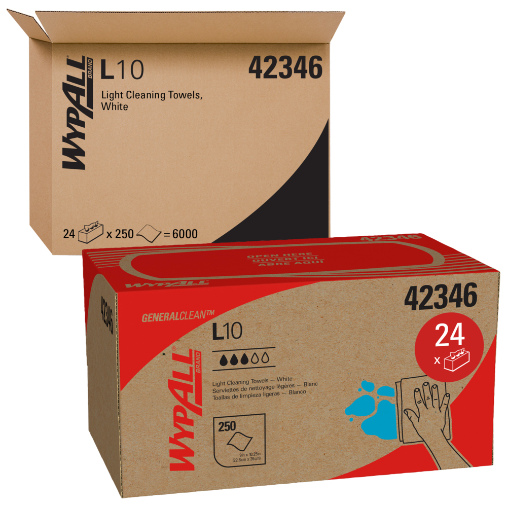 WypAll® General Clean L10 Light Cleaning Towels (42346), Limited Use / Lightweight, 1-PLY, Pop-Up Box, White, 24 Boxes / Case, 250 Wipes / Box - 42346