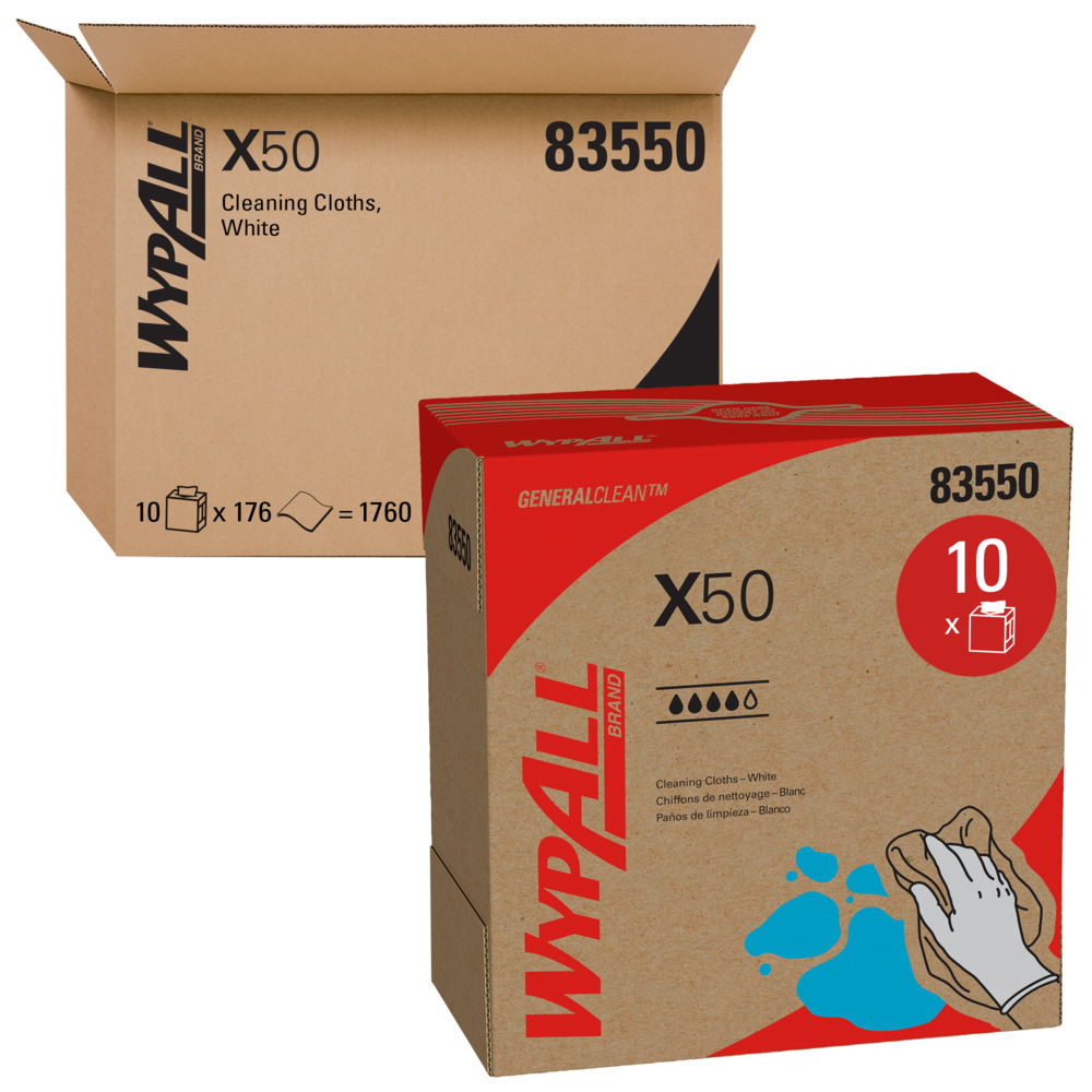 WypAll® General Clean X50 Cleaning Cloths (83550), Pop-Up Box, White, 10 Boxes / Case, 176 Sheets / Box, 1,760 Sheets / Case