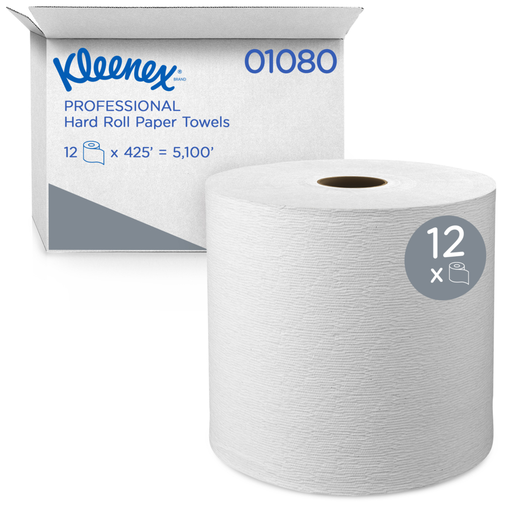 Kleenex® Hard Roll Paper Towels (01080) with Premium Absorbency Pockets, 1.5" Core, White, 425'/Roll, 12 Rolls/Case, 5,100'/Case